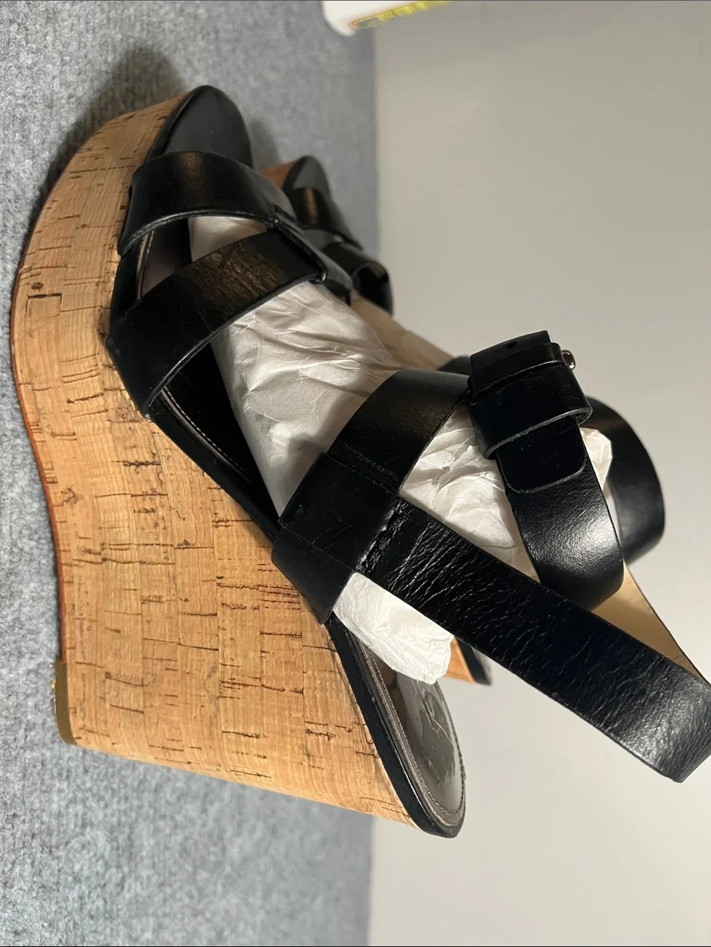 Coach Black Leather Cork Platform Heeled Sandals